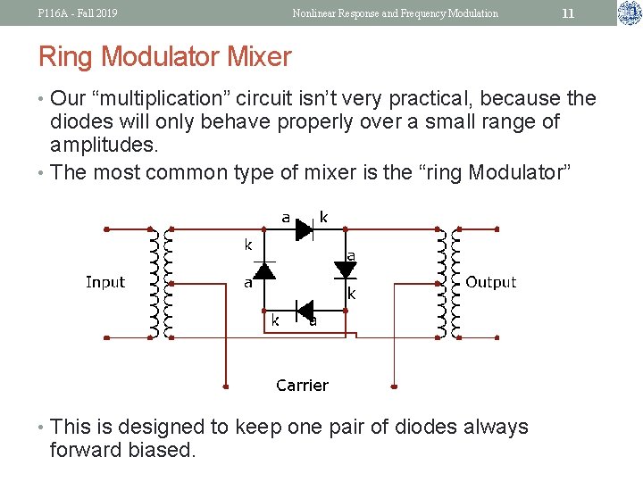 P 116 A - Fall 2019 Nonlinear Response and Frequency Modulation 11 Ring Modulator