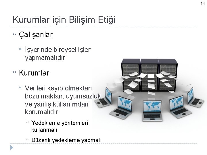 14 Kurumlar için Bilişim Etiği Çalışanlar İşyerinde bireysel işler yapmamalıdır Kurumlar Verileri kayıp olmaktan,