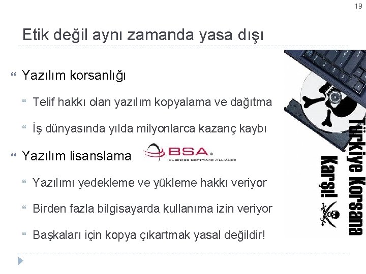 19 Etik değil aynı zamanda yasa dışı Yazılım korsanlığı Telif hakkı olan yazılım kopyalama