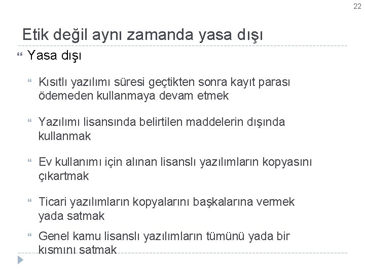 22 Etik değil aynı zamanda yasa dışı Yasa dışı Kısıtlı yazılımı süresi geçtikten sonra