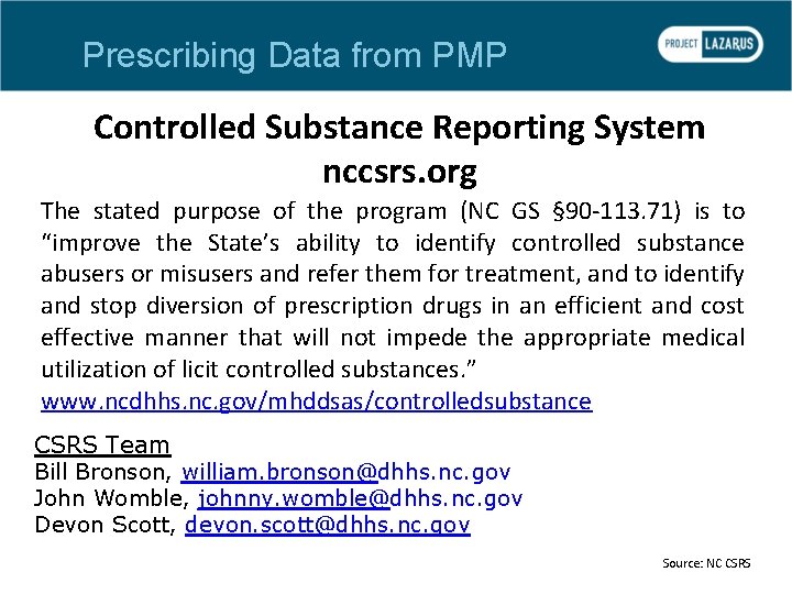 Prescribing Data from PMP Controlled Substance Reporting System nccsrs. org The stated purpose of