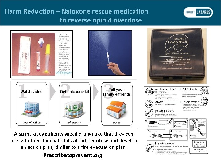 Harm Reduction – Naloxone rescue medication to reverse opioid overdose A script gives patients
