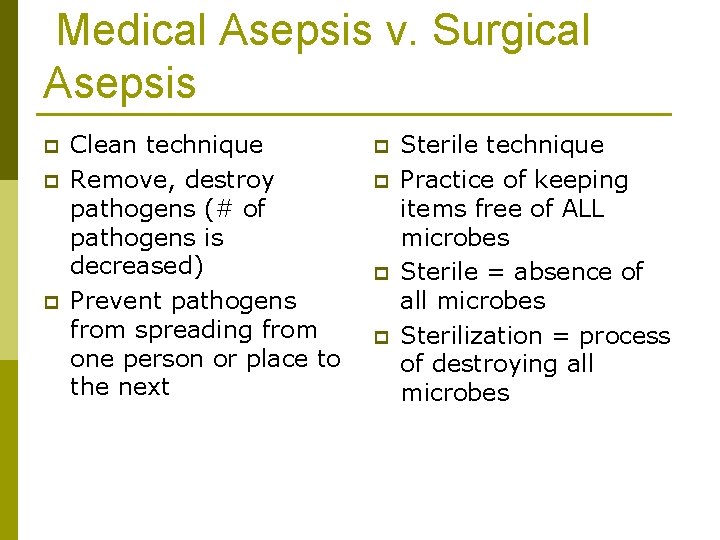 Medical Asepsis v. Surgical Asepsis p p p Clean technique Remove, destroy pathogens (#