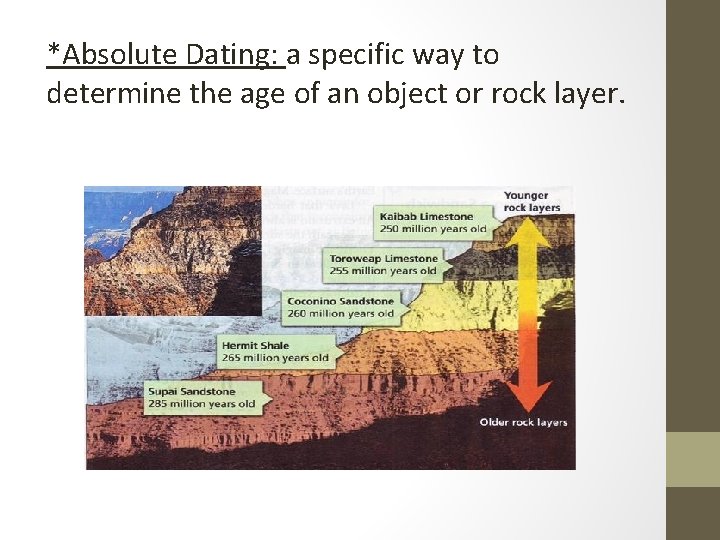 *Absolute Dating: a specific way to determine the age of an object or rock