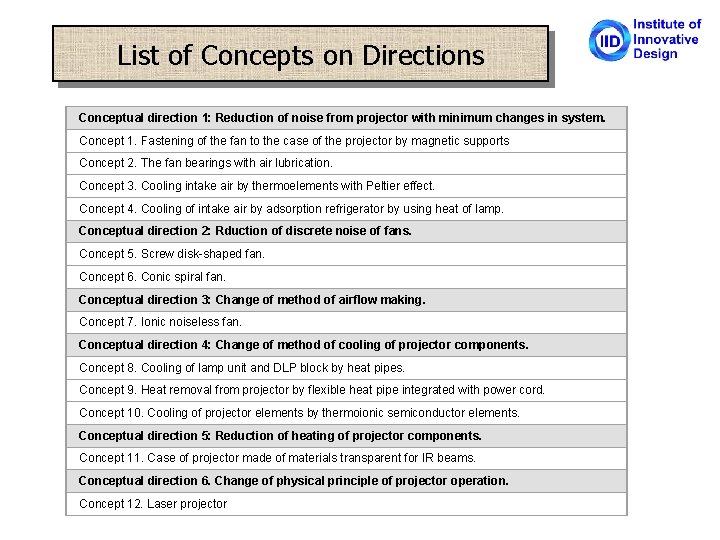 List of Concepts on Directions Conceptual direction 1: Reduction of noise from projector with