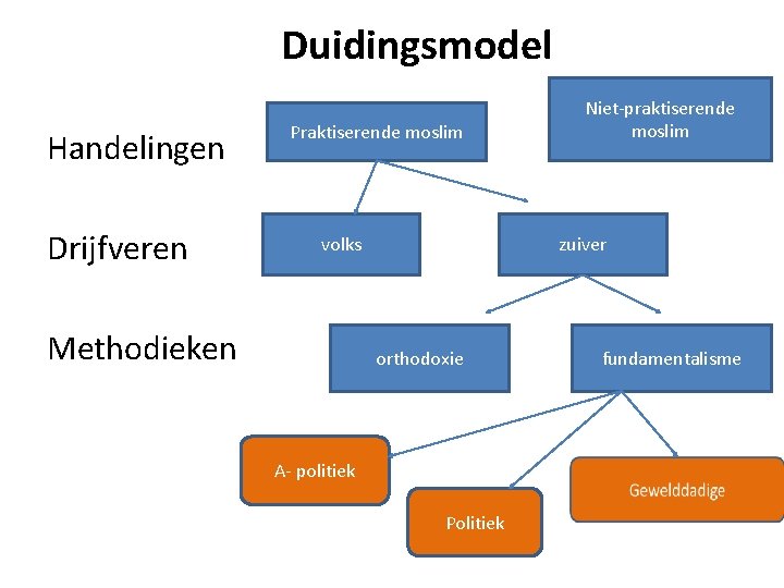 Duidingsmodel Handelingen Drijfveren Praktiserende moslim volks Methodieken Niet-praktiserende moslim zuiver orthodoxie A- politiek Politiek