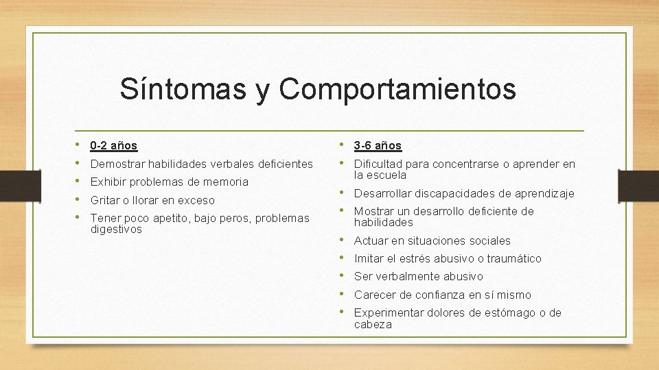 Síntomas y Comportamientos • • • 0 -2 años Demostrar habilidades verbales deficientes Exhibir