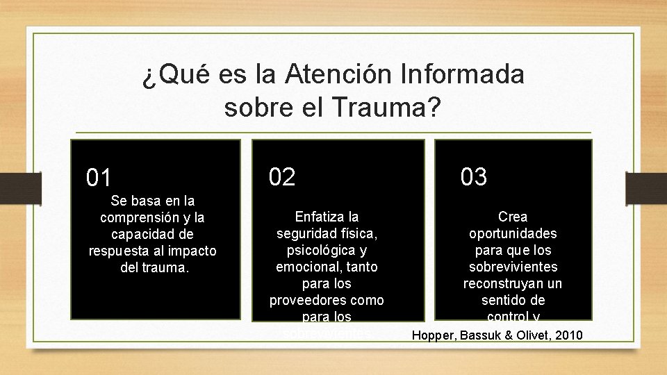 ¿Qué es la Atención Informada sobre el Trauma? 01 Se basa en la comprensión