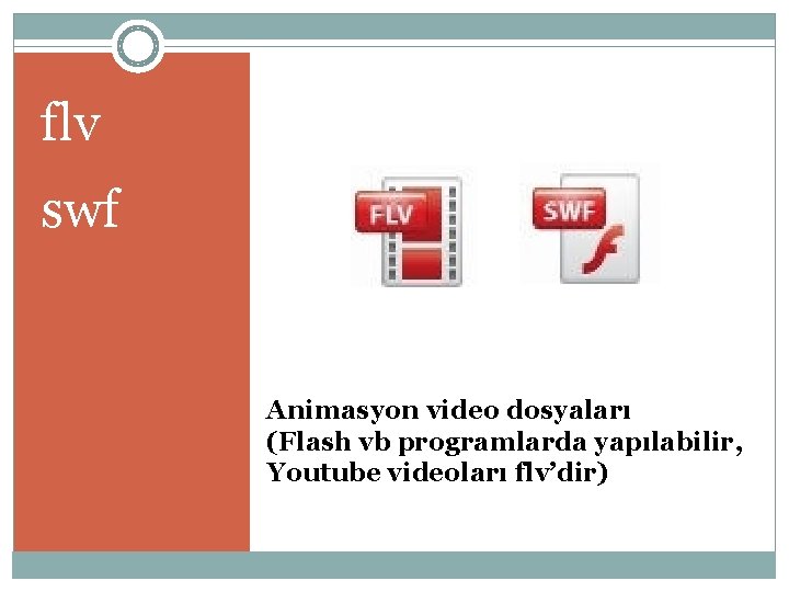 flv swf Animasyon video dosyaları (Flash vb programlarda yapılabilir, Youtube videoları flv’dir) 