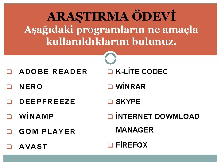 ARAŞTIRMA ÖDEVİ Aşağıdaki programların ne amaçla kullanıldıklarını bulunuz. q ADOBE READER q K-LİTE CODEC