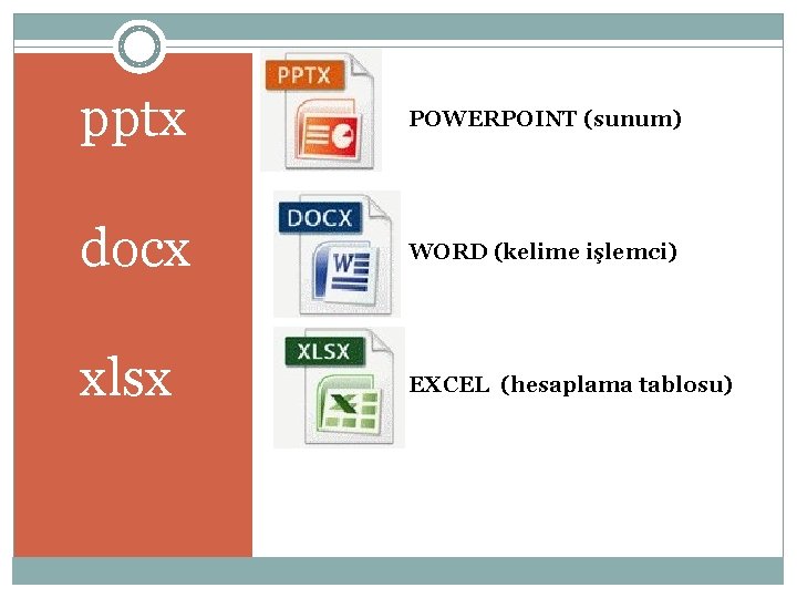 pptx POWERPOINT (sunum) docx WORD (kelime işlemci) xlsx EXCEL (hesaplama tablosu) 