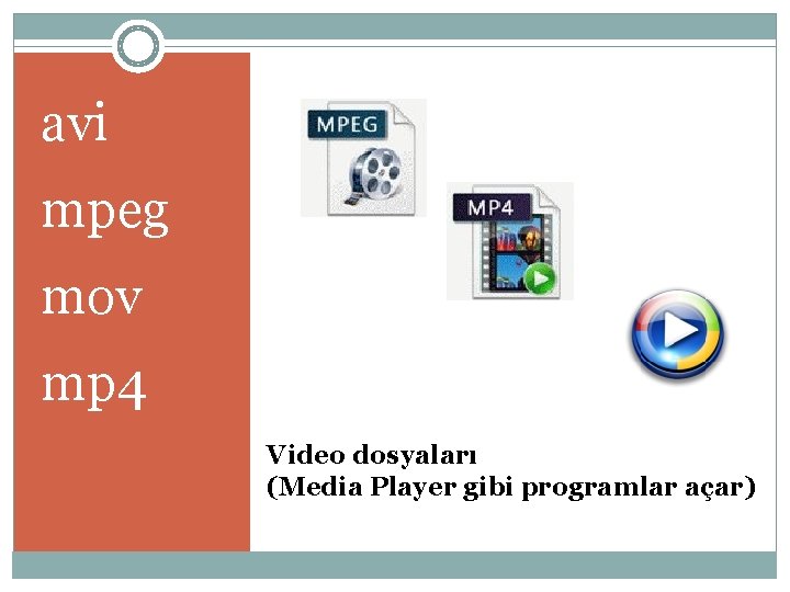 avi mpeg mov mp 4 Video dosyaları (Media Player gibi programlar açar) 