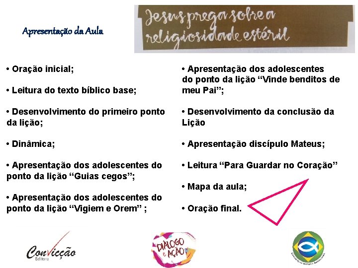 Apresentação da Aula • Oração inicial; • Leitura do texto bíblico base; • Apresentação