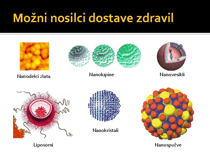 Možni nosilci dostave zdravil Nanodelci zlata Nanolupine Nanovesikli Nanokristali Liposomi Nanospužve 