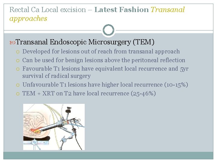 Rectal Ca Local excision – Latest Fashion Transanal approaches Transanal Endoscopic Microsurgery (TEM) Developed Rectal Ca Local excision – Latest Fashion Transanal approaches Transanal Endoscopic Microsurgery (TEM) Developed