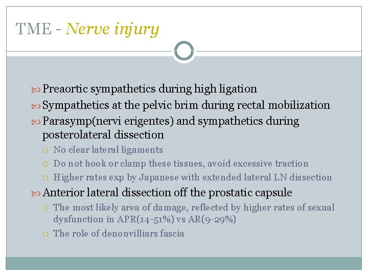 TME - Nerve injury Preaortic sympathetics during high ligation Sympathetics at the pelvic brim TME - Nerve injury Preaortic sympathetics during high ligation Sympathetics at the pelvic brim