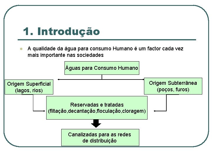 1. Introdução l A qualidade da água para consumo Humano é um factor cada