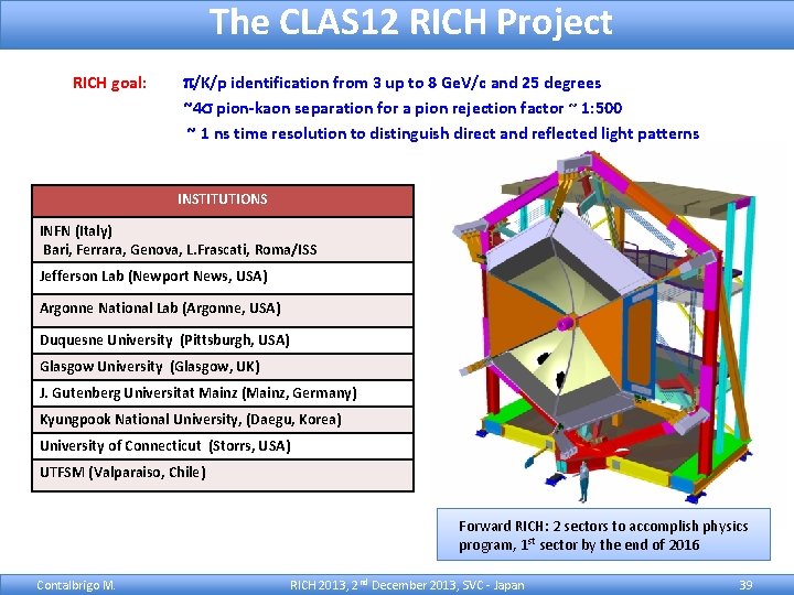 The CLAS 12 RICH Project RICH goal: p/K/p identification from 3 up to 8