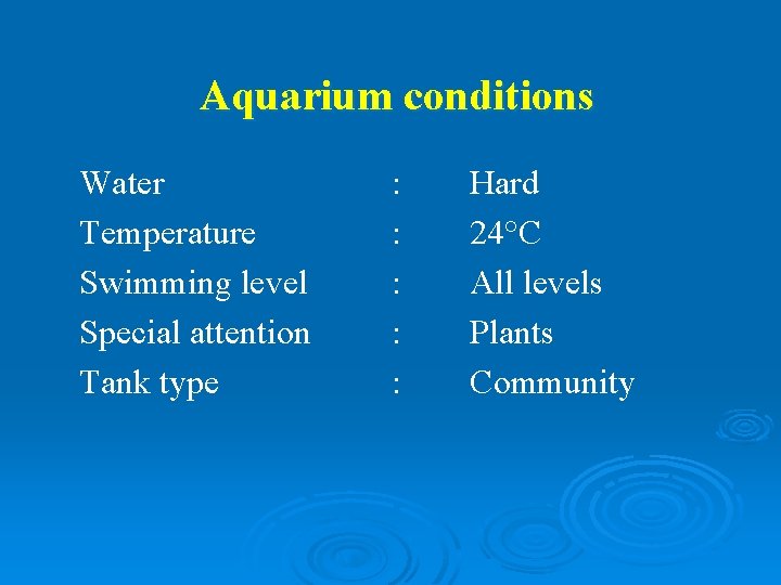 Aquarium conditions Water Temperature Swimming level Special attention Tank type : : : Hard