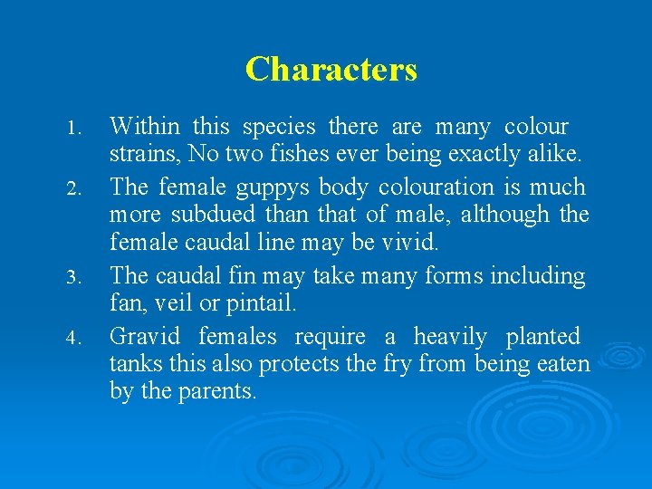 Characters 1. 2. 3. 4. Within this species there are many colour strains, No