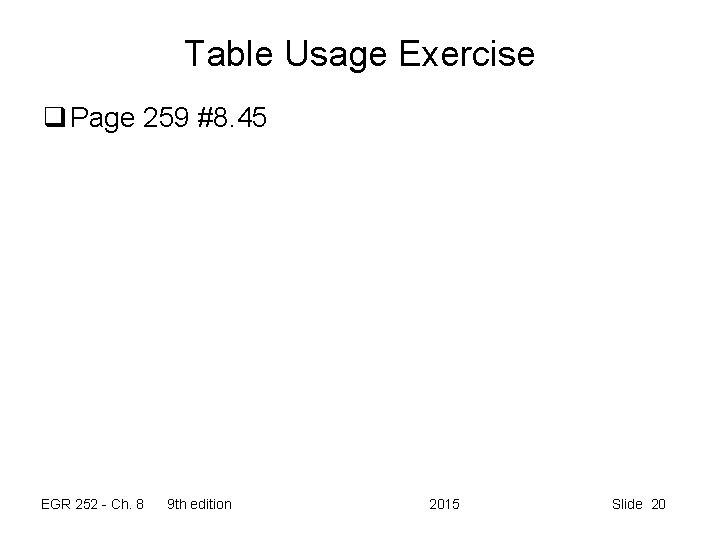 Table Usage Exercise q Page 259 #8. 45 EGR 252 - Ch. 8 9