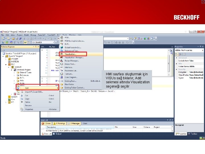 HMI sayfası oluşturmak için VISUs sağ tıklanır, Add sekmesi altında Visualization seçeneği seçilir 