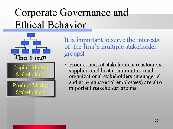 Corporate Governance and Ethical Behavior It is important to serve the interests of the