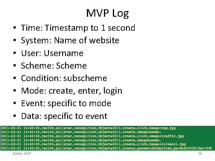 MVP Log • • Time: Timestamp to 1 second System: Name of website User: