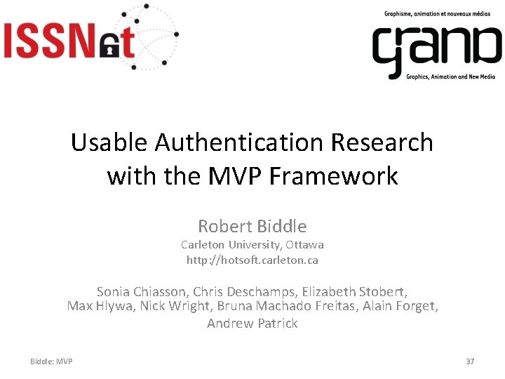 Usable Authentication Research with the MVP Framework Robert Biddle Carleton University, Ottawa http: //hotsoft.