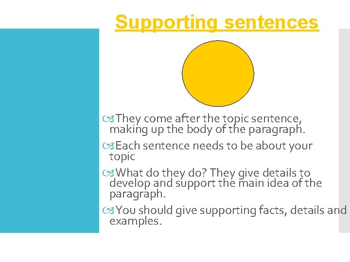 Supporting sentences They come after the topic sentence, making up the body of the
