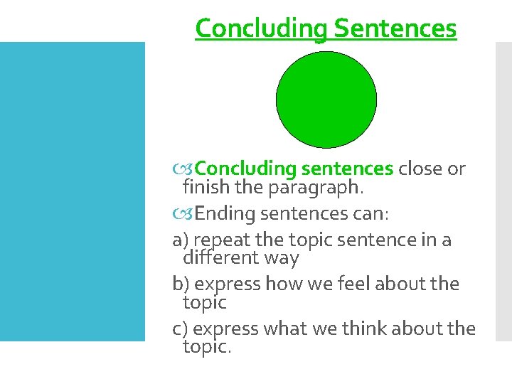 Concluding Sentences Concluding sentences close or finish the paragraph. Ending sentences can: a) repeat