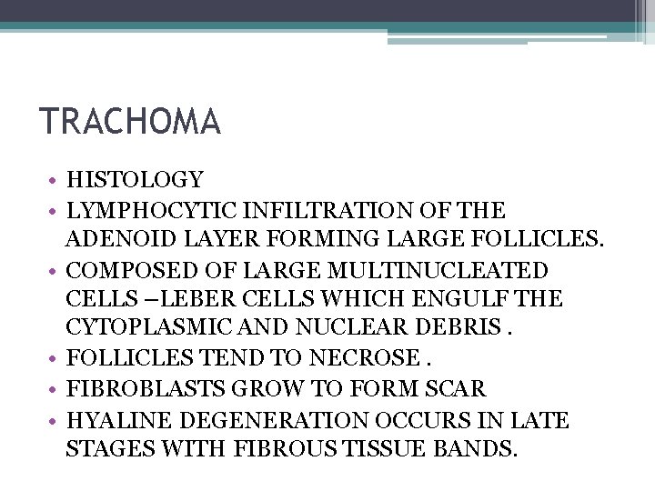 TRACHOMA • HISTOLOGY • LYMPHOCYTIC INFILTRATION OF THE ADENOID LAYER FORMING LARGE FOLLICLES. •