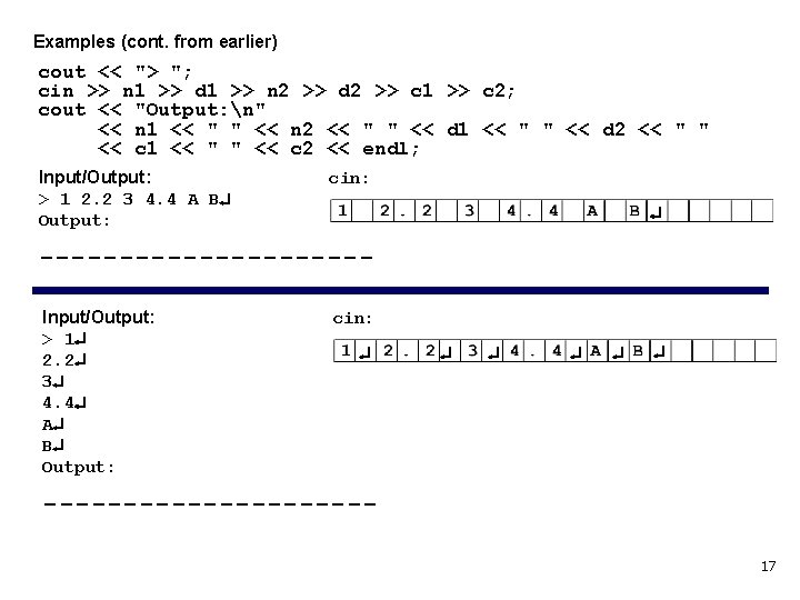 Examples (cont. from earlier) cout << "> "; cin >> n 1 >> d