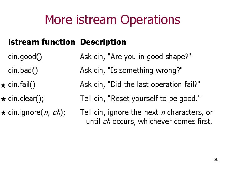 More istream Operations istream function Description cin. good() Ask cin, "Are you in good