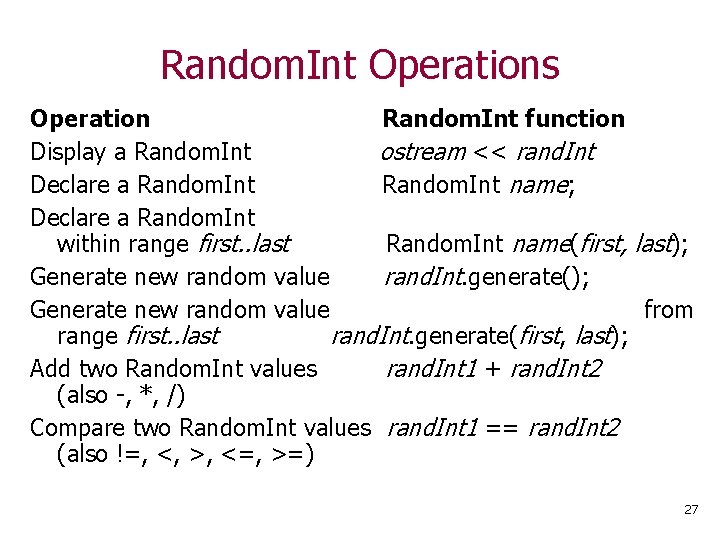 Random. Int Operations Operation Random. Int function Display a Random. Int ostream << rand.