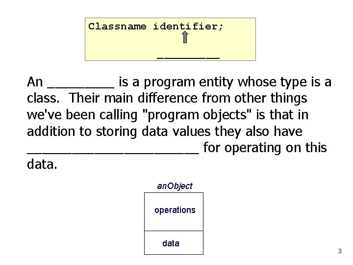 Classname identifier; _____ An _____ is a program entity whose type is a class.