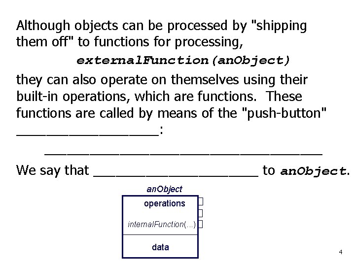 Although objects can be processed by "shipping them off" to functions for processing, external.
