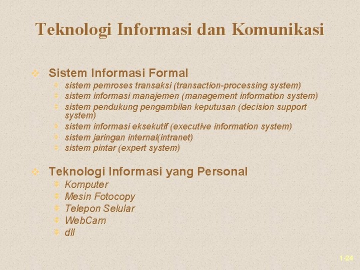Teknologi Informasi dan Komunikasi v Sistem Informasi Formal v v v sistem pemroses transaksi