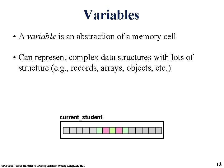 Variables • A variable is an abstraction of a memory cell • Can represent