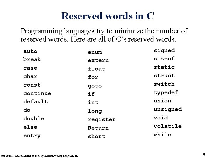 Reserved words in C Programming languages try to minimize the number of reserved words.