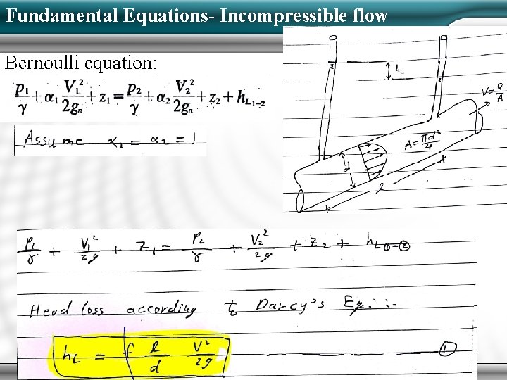 Fundamental Equations- Incompressible flow Bernoulli equation: 