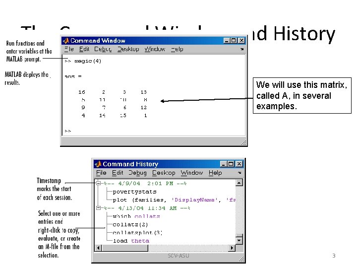The Command Window and History We will use this matrix, called A, in several The Command Window and History We will use this matrix, called A, in several