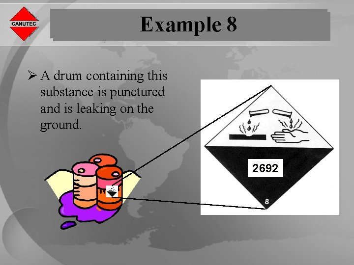 Example 8 Ø A drum containing this substance is punctured and is leaking on