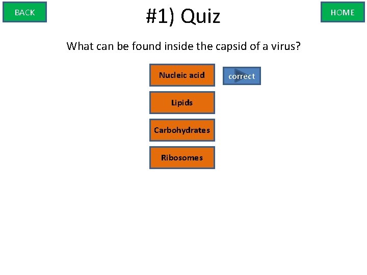BACK #1) Quiz HOME What can be found inside the capsid of a virus?