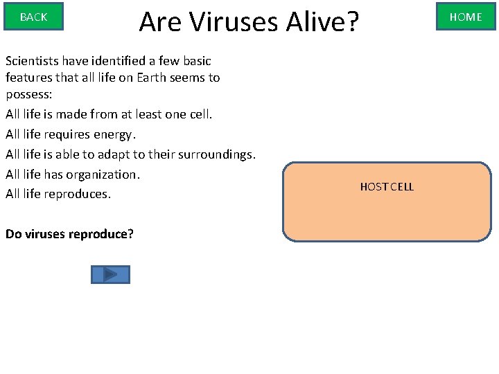 BACK Are Viruses Alive? Scientists have identified a few basic features that all life