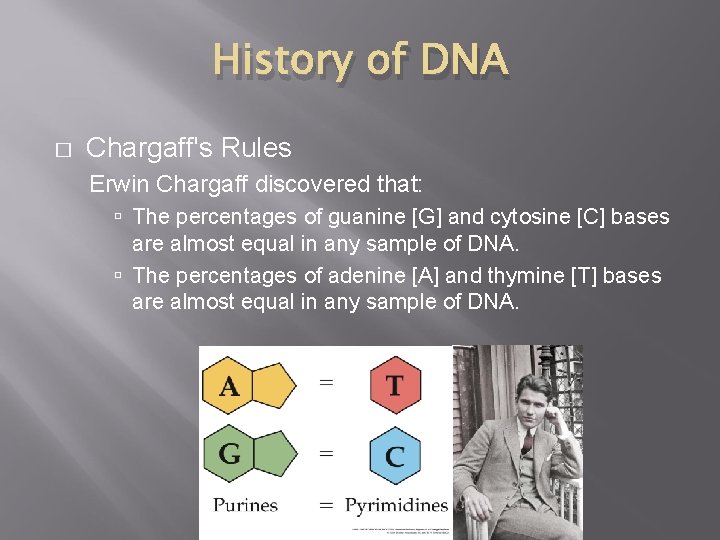 History of DNA � Chargaff's Rules Erwin Chargaff discovered that: The percentages of guanine