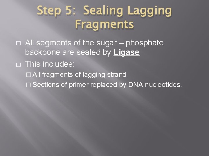 Step 5: Sealing Lagging Fragments � � All segments of the sugar – phosphate