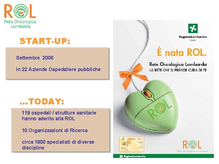 START-UP: Settembre 2006 in 22 Aziende Ospedaliere pubbliche . . . TODAY: 119 ospedali