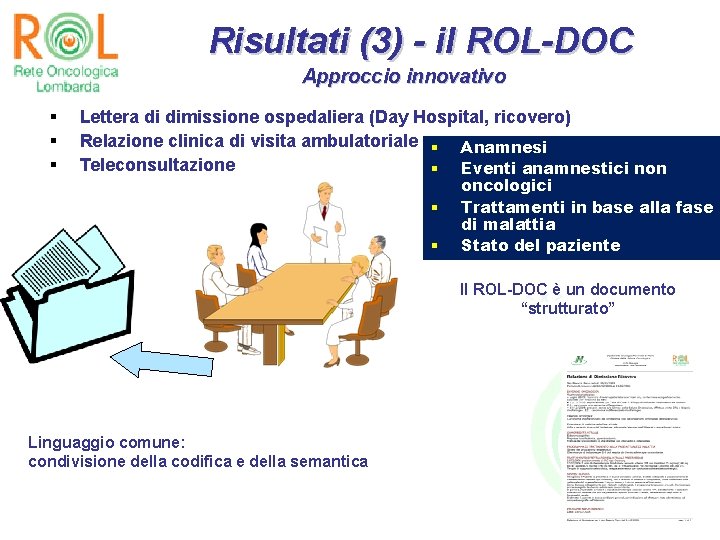 Risultati (3) - il ROL-DOC Approccio innovativo § § § Lettera di dimissione ospedaliera