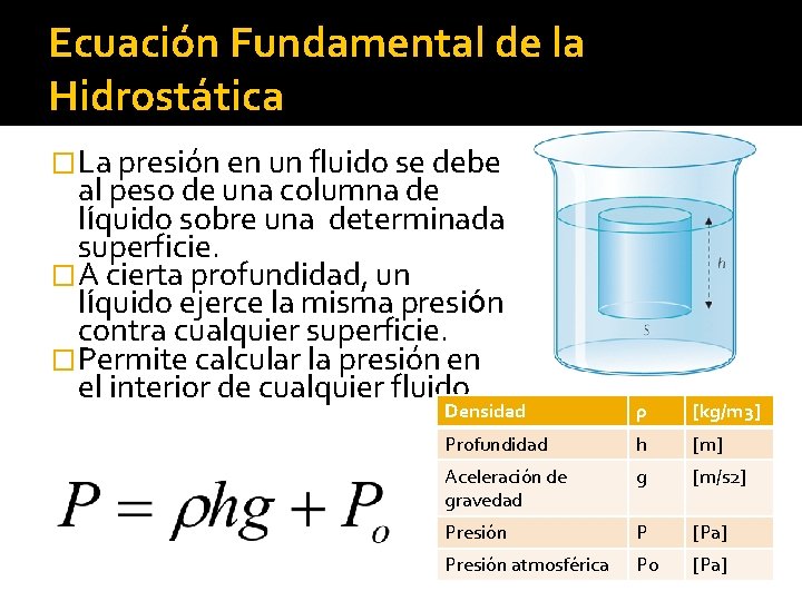 Ecuación Fundamental de la Hidrostática �La presión en un fluido se debe al peso